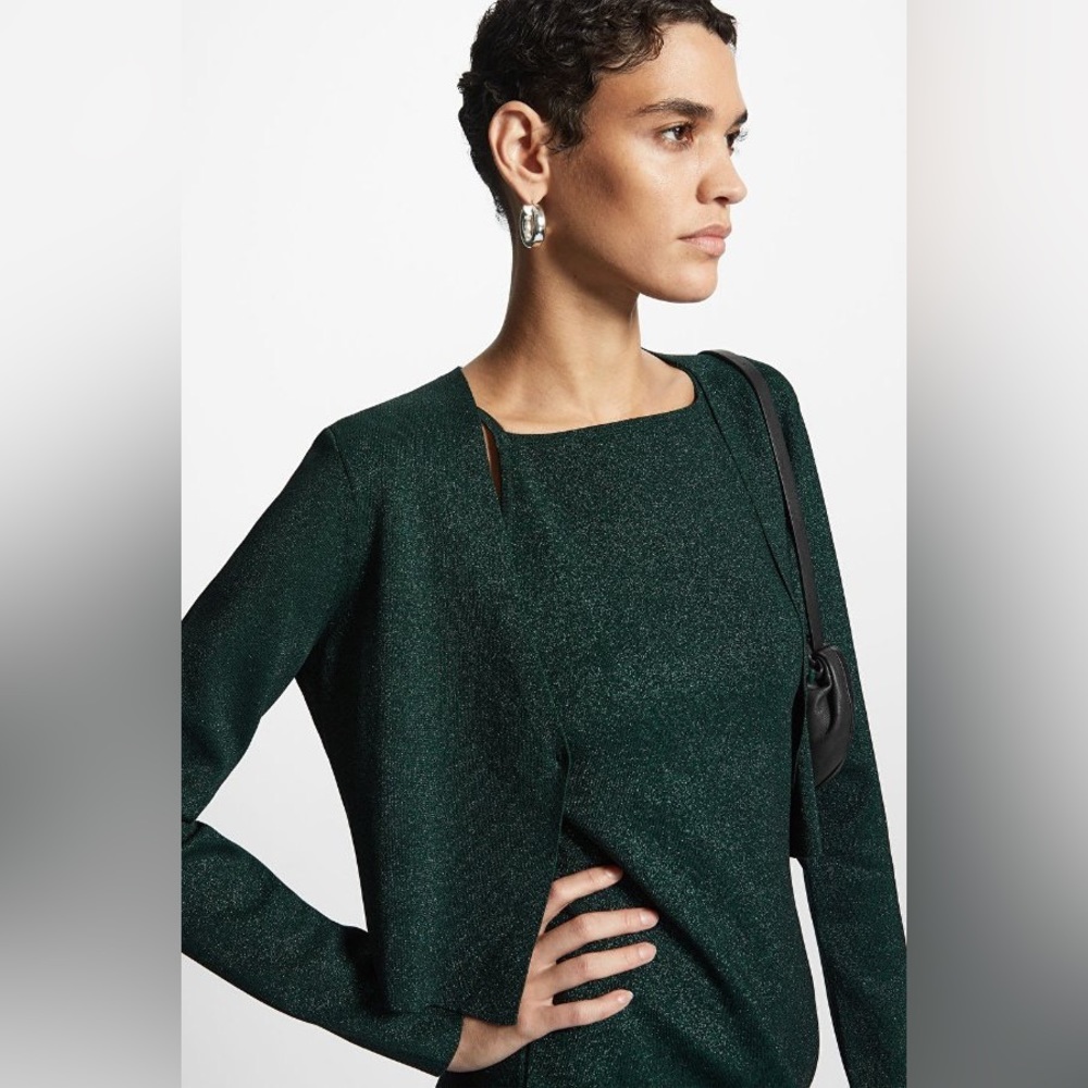 COS Cropped Dark Green Metallic V-Neck Cropped Cardigan Size Small